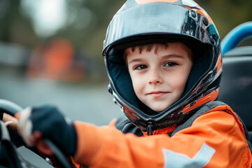 Adorable child in a racing helmet, ready for action on the track, showcasing enthusiasm for motorsport, generative AI