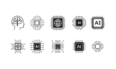 Fototapeta premium Artificial intelligence AI processor chip icon.AI Processor circuit vector set. Mini AI CPU icon collection vector on white background