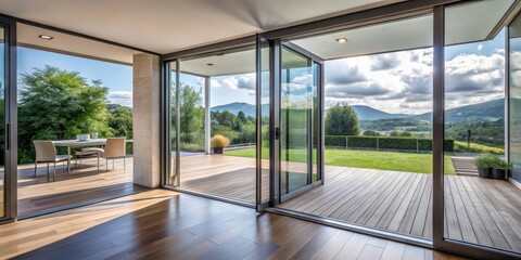 Fototapeta premium Aluminum folding door leading to a modern terrace with a view of nature