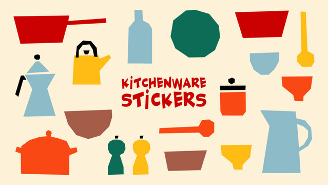 Kitchenware stickers in flat and naive style. Crockery, cutlery, kitchen equipment for cooking. Bright set of cooking elements. Pan, spoon, fork, frying pan. Vector set