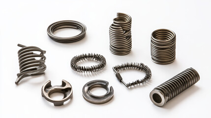  various shaped metal springs tapering. coil spring on white background.
