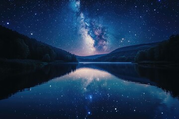 A serene lake with its surface reflecting a galaxy of stars, creating a cosmic mirror under a dark sky.
