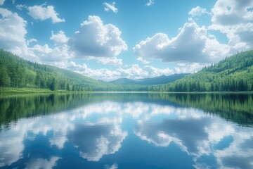 A serene lake with its surface reflecting a digital sky, creating a tranquil, virtual mirror.