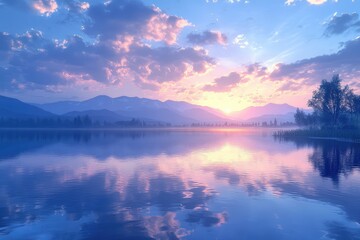 A serene lake with its surface reflecting a digital sky, creating a tranquil, virtual mirror.