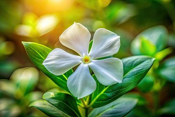 Obraz premium Delicate white periwinkle, a May bloom, macro lens captures its intricate details, soft bokeh background.