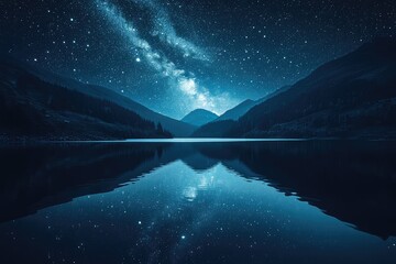 A serene lake with its surface reflecting a galaxy of stars, creating a cosmic mirror under a dark sky.