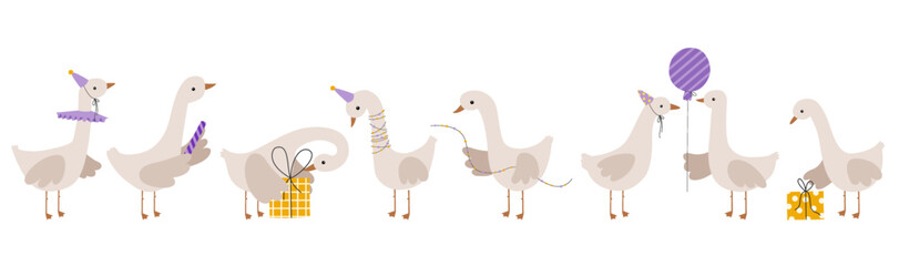 Birthday goose vector hand drawn illustration. Goose celebrate happy Birthday. Kids, baby, children cartoon illustration © Ilona