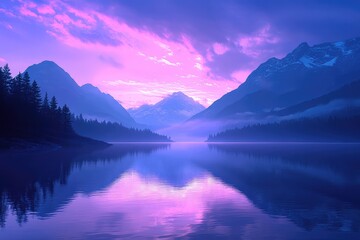 A serene mountain landscape with a glowing lake at its base, reflecting the twilight sky above.