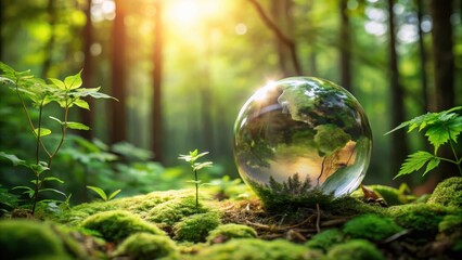 forest glass globe amidst foliage, earthy tones blending with lush green leaves , globe, botanical,  globe, botanical, green