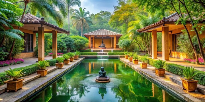 Serene surroundings with lush greenery and tranquil water feature in an Indian ashram for meditation and relaxation