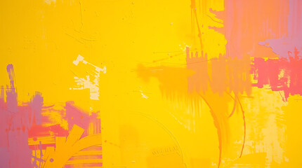 Abstract painting, vibrant yellow background, pink and orange splatters, energetic brushstrokes, textured canvas, warm color palette, expressive art, bold contrasts, modern abstract expressionism, acr