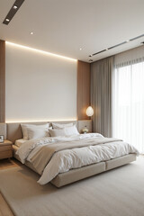Modern minimalist bedroom with neutral tones and soft lighting