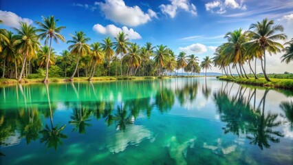 Serene lagoon landscape with palm trees and turquoise waters at the Lagos coast, reflecting vibrant hues of blue and green , water reflections, serene landscapes