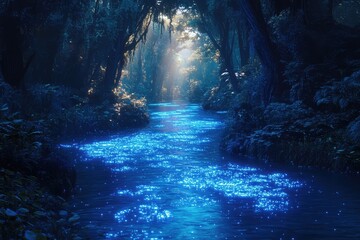 A serene river flowing through a glowing, enchanted forest, with bioluminescent plants illuminating the water.