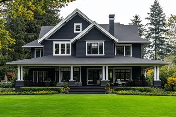 Large dark-grey house with white trim, spacious porch, and manicured lawn.