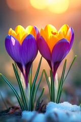 Fototapeta premium Spring s First Bloom Vibrant Crocuses Emerge from Melting Snow in Golden Hour Sunlight