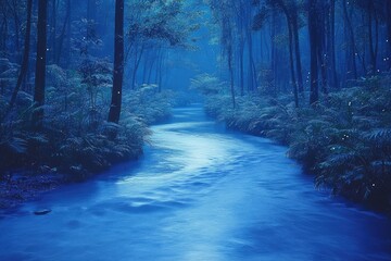 A serene river flowing through a dense, glowing forest, illuminated by bioluminescent plants and trees.