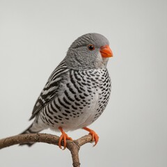Obraz premium A tiny zebra finch with adorable black and white markings, perched against a white background.