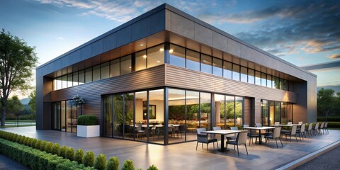 Obraz premium Exterior modern restaurant building with sleek lines and minimalist architecture, restaurant building, clean lines