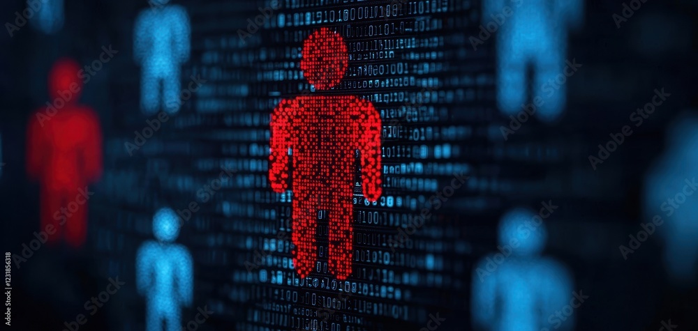 Aufkleber A digital representation of people, with one figure highlighted in red against a backdrop of binary code, symbolizing data security or cyber threats.