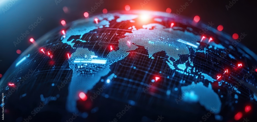 Poster A digital globe illuminated with red markers, symbolizing global connectivity and data points across different regions.