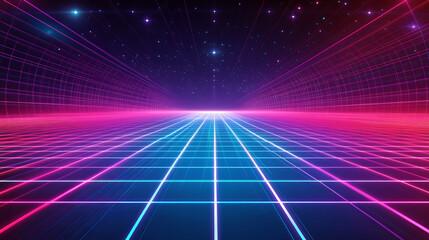 Red laser grid cyber newretrowave 3d background. Neon digital room with vaporwave and square cell wireframe. Futuristic retro mesh dimension pattern with floor. Geek outline aesthetic texture design