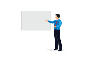 Business illustration of a businessman giving a presentation on white board