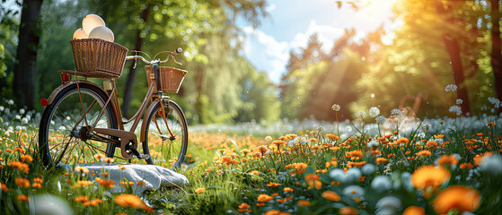 Enjoying a sunny day with a bicycle surrounded by colorful flowers in a peaceful park