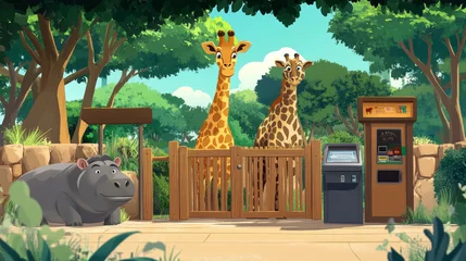 Fotobehang Cute african animals in Zoo. Zoology park entrance with wooden arch, cashier booth with monkey, giraffe, cheetah, hippo and hyena behind fence, vector cartoon illustration © Sehraye