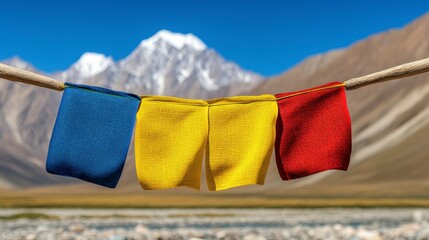 Vibrant Prayer Flags Against Majestic Snow Capped Mountains