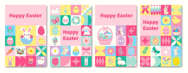 A set of four Easter cards with a variety of Easter-themed images. The cards are colorful and feature a mix of animals and flowers. The cards are designed to convey a sense of joy