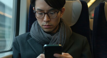 Man using smartphone while sitting on a train, focused and engaged