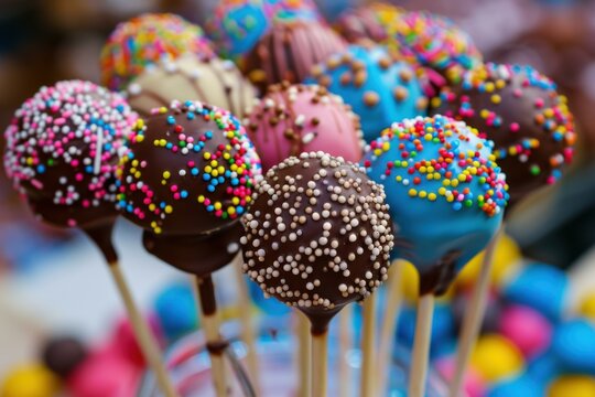 Delicious and colorful cake pops, covered with sprinkles, create a vibrant and tempting display - Powered by Adobe