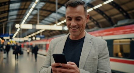 Man using smartphone at a train station, showcasing modern connectivity