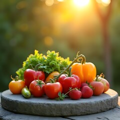 Saturated Splendor Fresh Fruits and Vegetables in Golden Hour Glow
