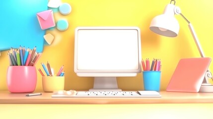 wood block and business concept. Bright workspace with a computer, colorful stationery, and cheerful decor against a yellow backdrop.