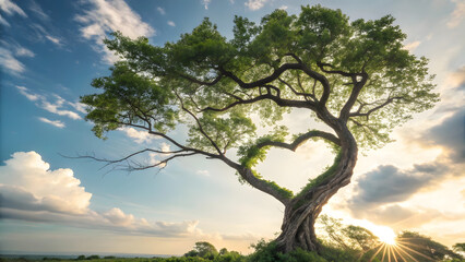 This captivating image presents a tree with a naturally formed heart-shaped opening in its branches, set against a breathtaking sky. 