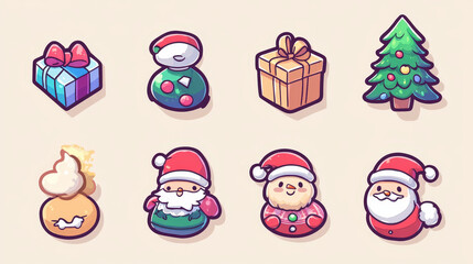 Fototapeta premium Christmas stickers with Santa Claus, sweater, pine tree and snowman. Vector cartoon icons set of New Year decoration, garlands, gift boxes, candy cane, cookie and xmas stocking