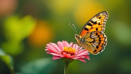 An Orange Butterfly Gracefully Lands on a Radiant Pink Flower, With a Soft, Blurred Background Enhancing the Scene