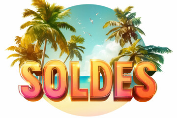Obraz premium Summer retro style text SOLDES in vibrant colors with palm trees and beach