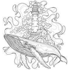 Fototapeta premium A whale and a lighthouse.Coloring book antistress for children and adults. 