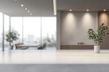 Obraz premium Modern minimalist apartment interior with plant on kitchen counter, blurred dining area and city view.