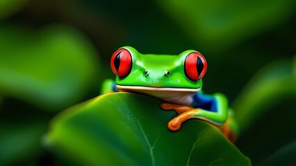 Naklejka premium A Vibrant Red-Eyed Tree Frog Peeks Through Lush Green Leaves, Showcasing Its Striking Gaze in a Tropical Jungle Setting