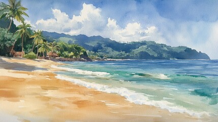 Obraz premium Tropical beach watercolor, ocean waves, palm trees, hills, sunny sky, travel poster
