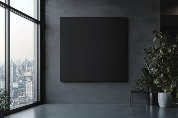 Modern dark room with large black square canvas mockup, plants, and city view.