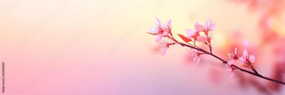 Aufkleber cherry tree branch blossoming with delicate pink flowers, illuminated by warm sunlight, creating a s