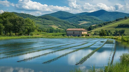 Obraz premium Rice paddy irrigation, rural house, hills, sunny day, Italy