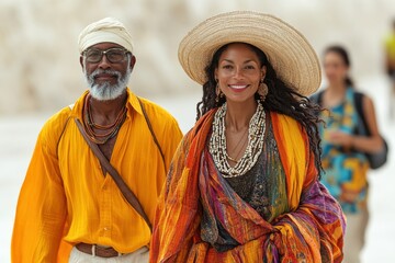 Fototapeta premium A joyful couple dressed in vibrant clothing strolls together, showcasing an outdoor lifestyle filled with happiness and cultural expression.