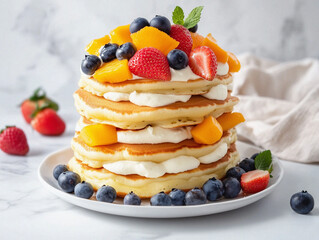 Decadent Pancake Tower with Creamy Layers, Fresh Berries, and Mango Chunks on a Light Minimalistic Background