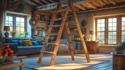 Cozy rustic living room with wooden ladder and natural light